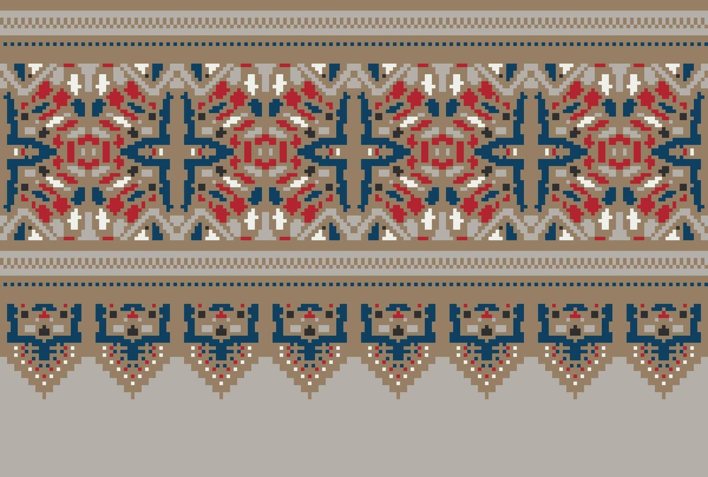 Cross Stitch pattern with Floral Designs. Traditional cross stitch needlework. Geometric Ethnic pattern, Embroidery, Textile ornamentation, fabric, Hand stitched pattern, Cultural stitching pixel art. vector