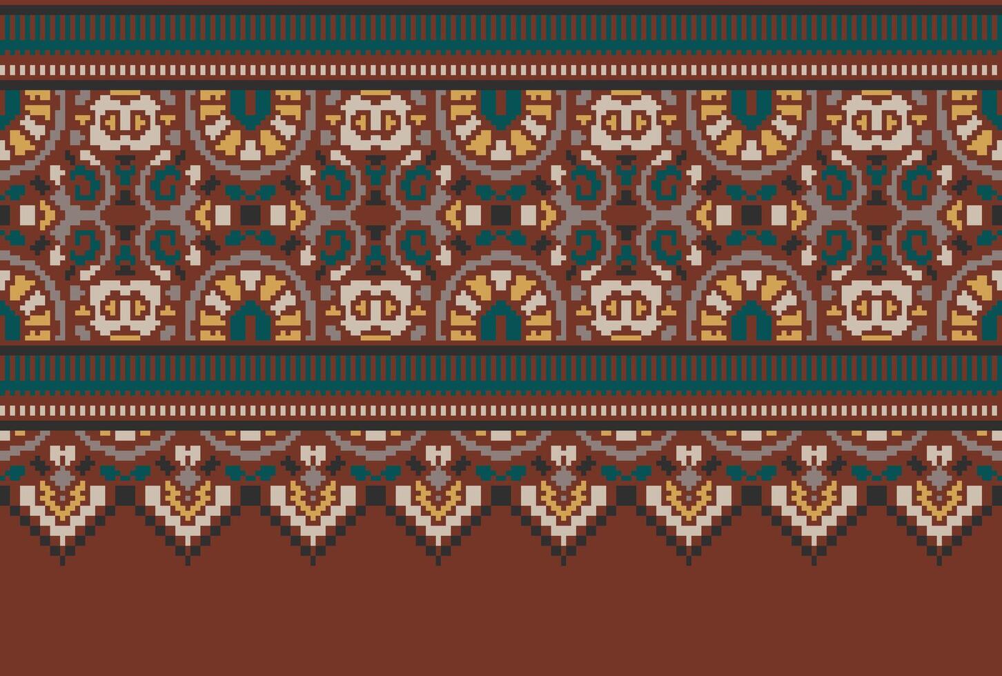Pixel Cross Stitch pattern with Floral Designs. Traditional cross stitch needlework. Geometric Ethnic pattern, Embroidery, Textile ornamentation, fabric, Hand stitched pattern, Cultural stitching vector