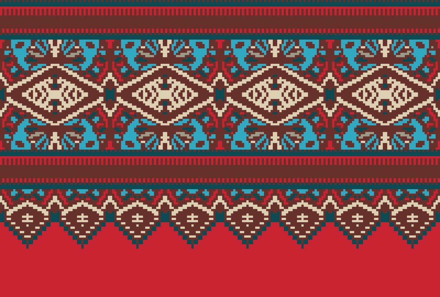Pixel Cross Stitch pattern with Floral Designs. Traditional cross stitch needlework. Geometric Ethnic pattern, Embroidery, Textile ornamentation, fabric, Hand stitched pattern, Cultural stitching vector