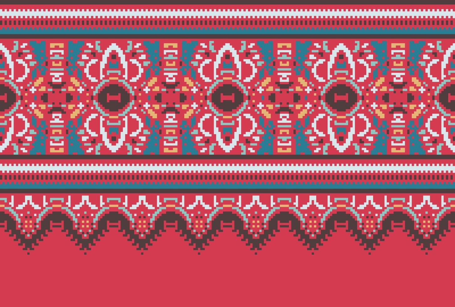 Cross Stitch pattern with Floral Designs. Traditional cross stitch needlework. Geometric Ethnic pattern, Embroidery, Textile ornamentation, fabric, Hand stitched pattern, Cultural stitching pixel art. vector