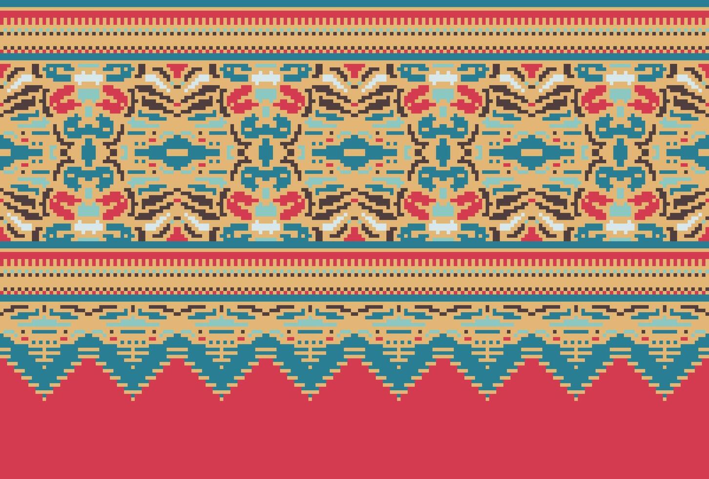 Cross Stitch pattern with Floral Designs. Traditional cross stitch needlework. Geometric Ethnic pattern, Embroidery, Textile ornamentation, fabric, Hand stitched pattern, Cultural stitching pixel art. vector