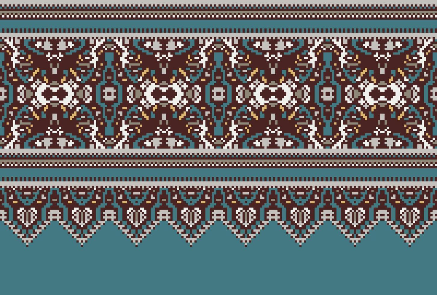 Pixel Cross Stitch pattern with Floral Designs. Traditional cross stitch needlework. Geometric Ethnic pattern, Embroidery, Textile ornamentation, fabric, Hand stitched pattern, Cultural stitching vector