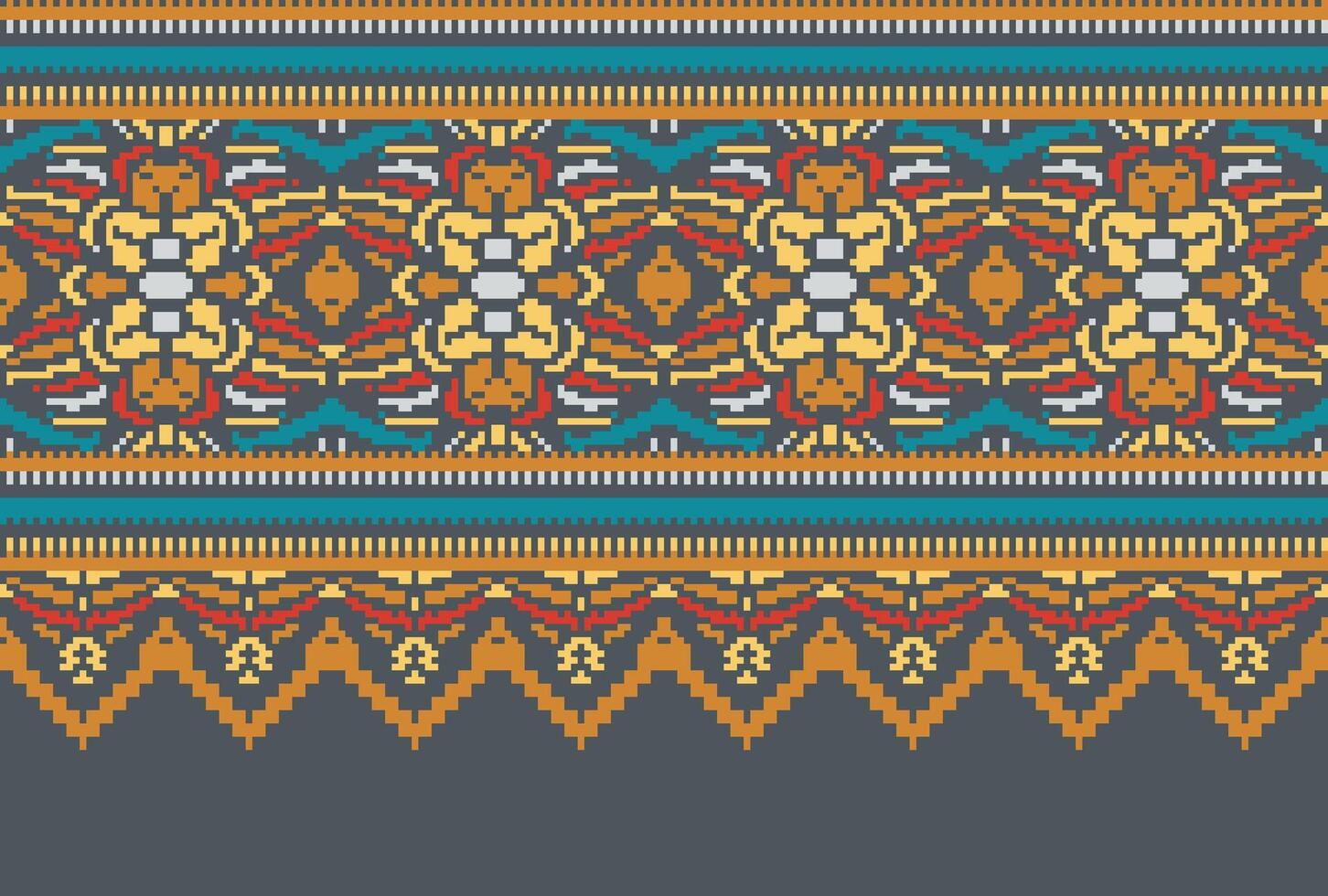 Cross Stitch pattern with Floral Designs. Traditional cross stitch needlework. Geometric Ethnic pattern, Embroidery, Textile ornamentation, fabric, Hand stitched pattern, Cultural stitching pixel art. vector