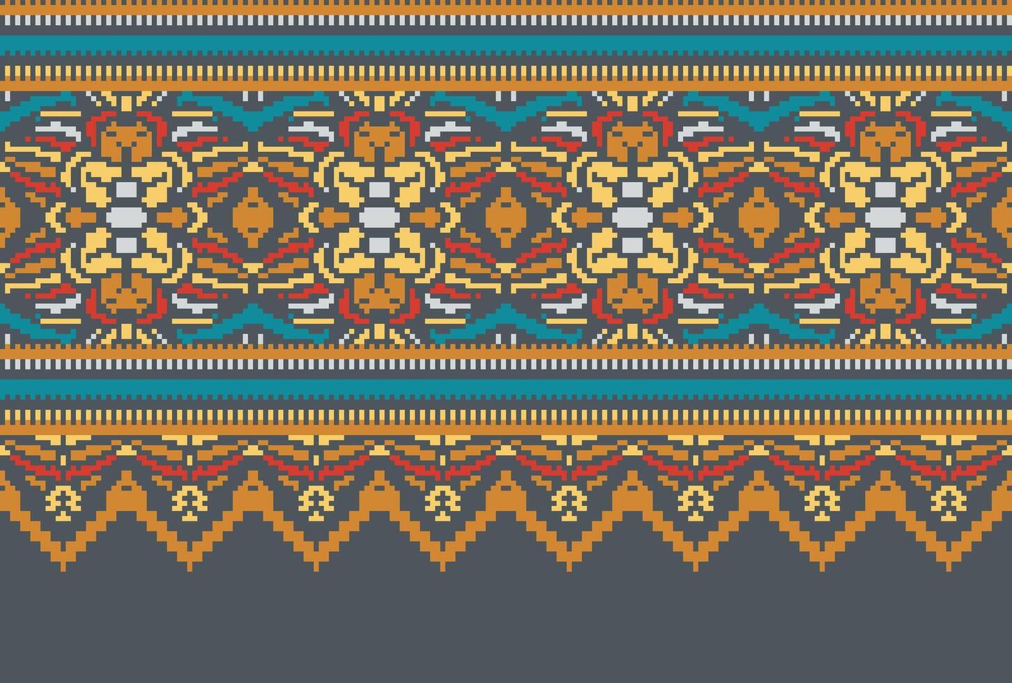 Cross Stitch pattern with Floral Designs. Traditional cross stitch needlework. Geometric Ethnic pattern, Embroidery, Textile ornamentation, fabric, Hand stitched pattern, Cultural stitching pixel art. vector