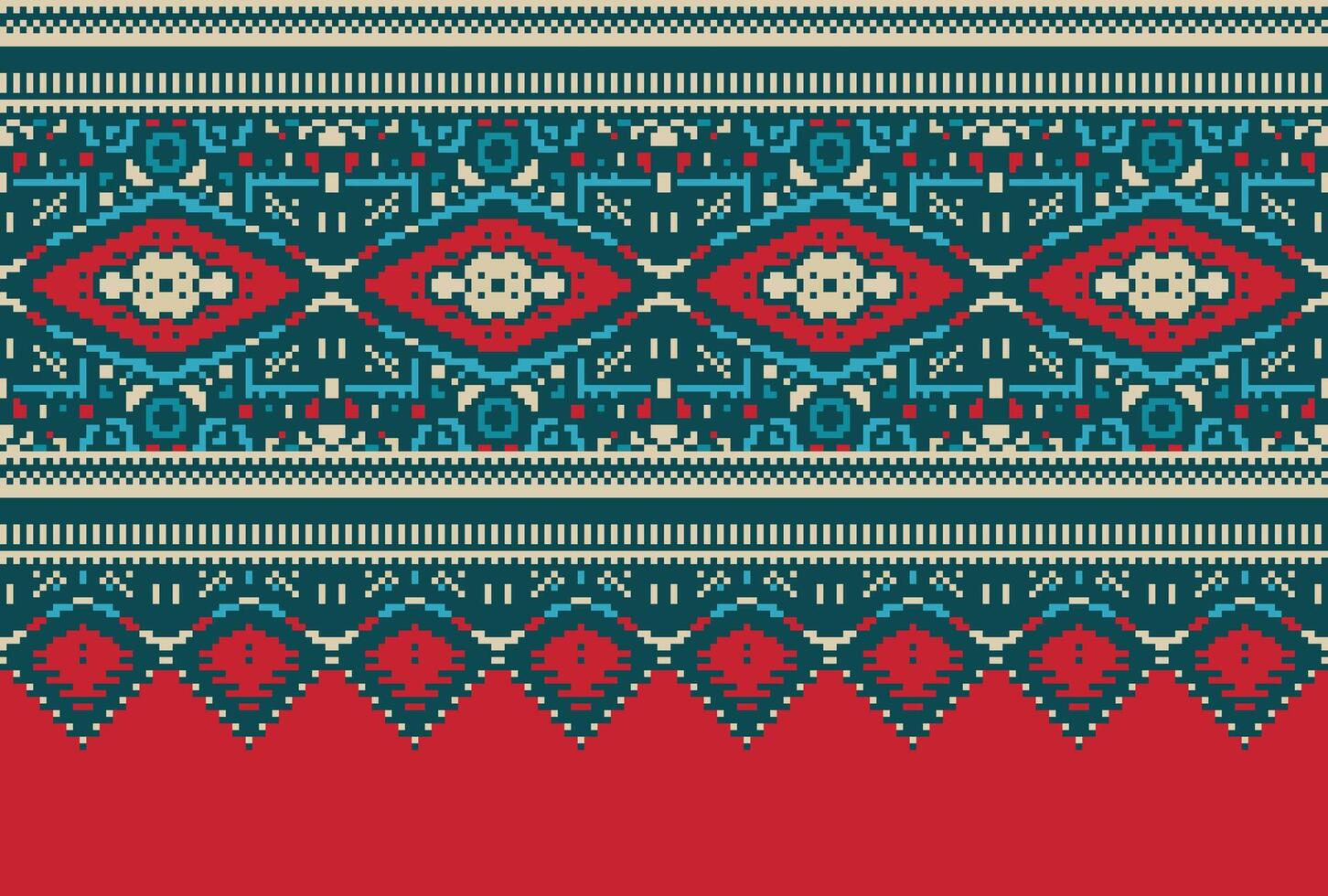 Cross Stitch pattern with Floral Designs. Traditional cross stitch needlework. Geometric Ethnic pattern, Embroidery, Textile ornamentation, fabric, Hand stitched pattern, Cultural stitching pixel art. vector