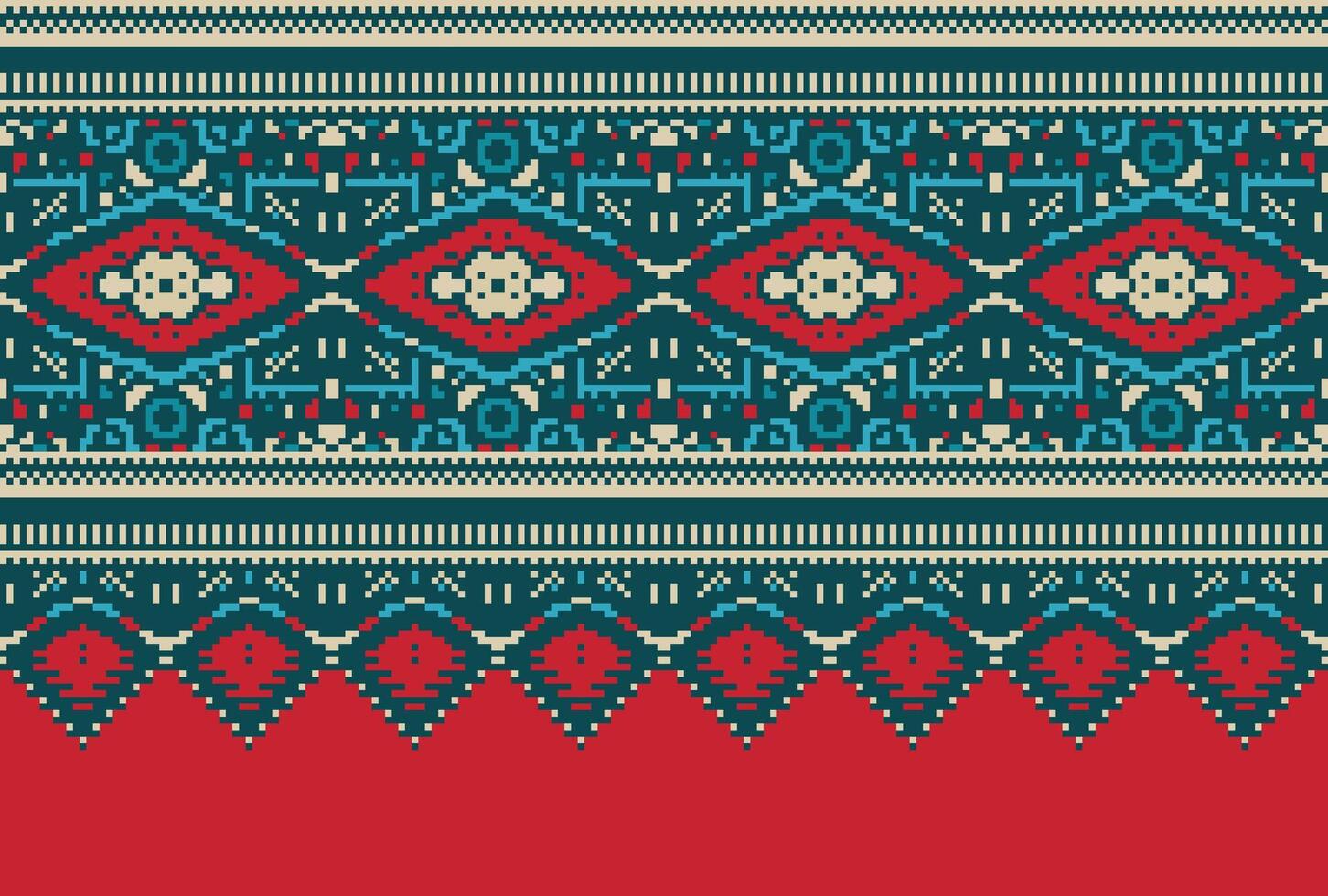 Cross Stitch pattern with Floral Designs. Traditional cross stitch needlework. Geometric Ethnic pattern, Embroidery, Textile ornamentation, fabric, Hand stitched pattern, Cultural stitching pixel art. vector