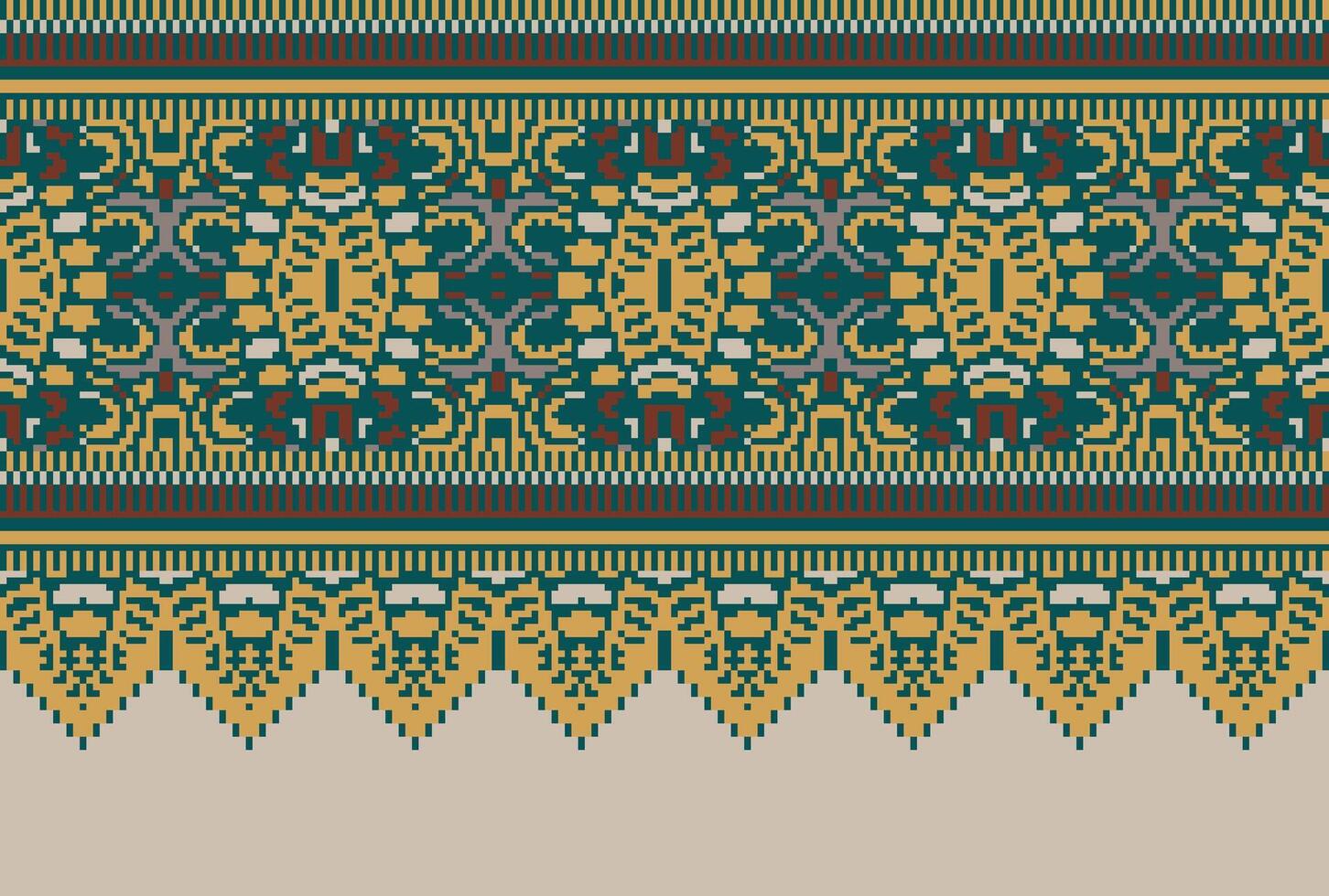 Pixel Cross Stitch pattern with Floral Designs. Traditional cross stitch needlework. Geometric Ethnic pattern, Embroidery, Textile ornamentation, fabric, Hand stitched pattern, Cultural stitching vector