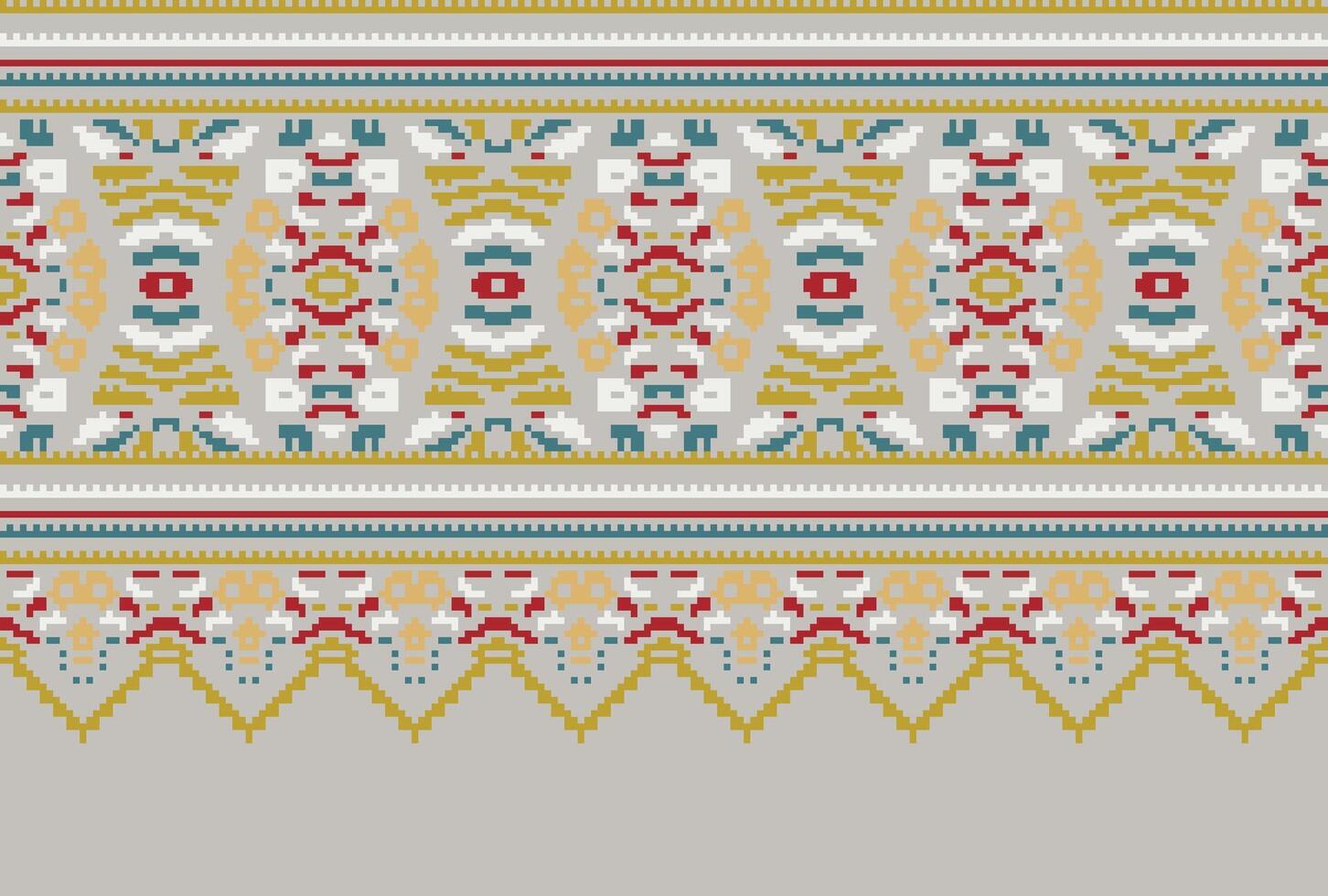 Pixel Cross Stitch pattern with Floral Designs. Traditional cross stitch needlework. Geometric Ethnic pattern, Embroidery, Textile ornamentation, fabric, Hand stitched pattern, Cultural stitching vector