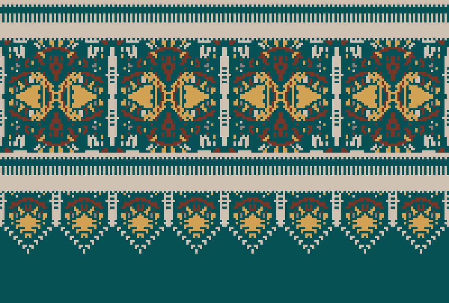 Pixel Cross Stitch pattern with Floral Designs. Traditional cross stitch needlework. Geometric Ethnic pattern, Embroidery, Textile ornamentation, fabric, Hand stitched pattern, Cultural stitching vector