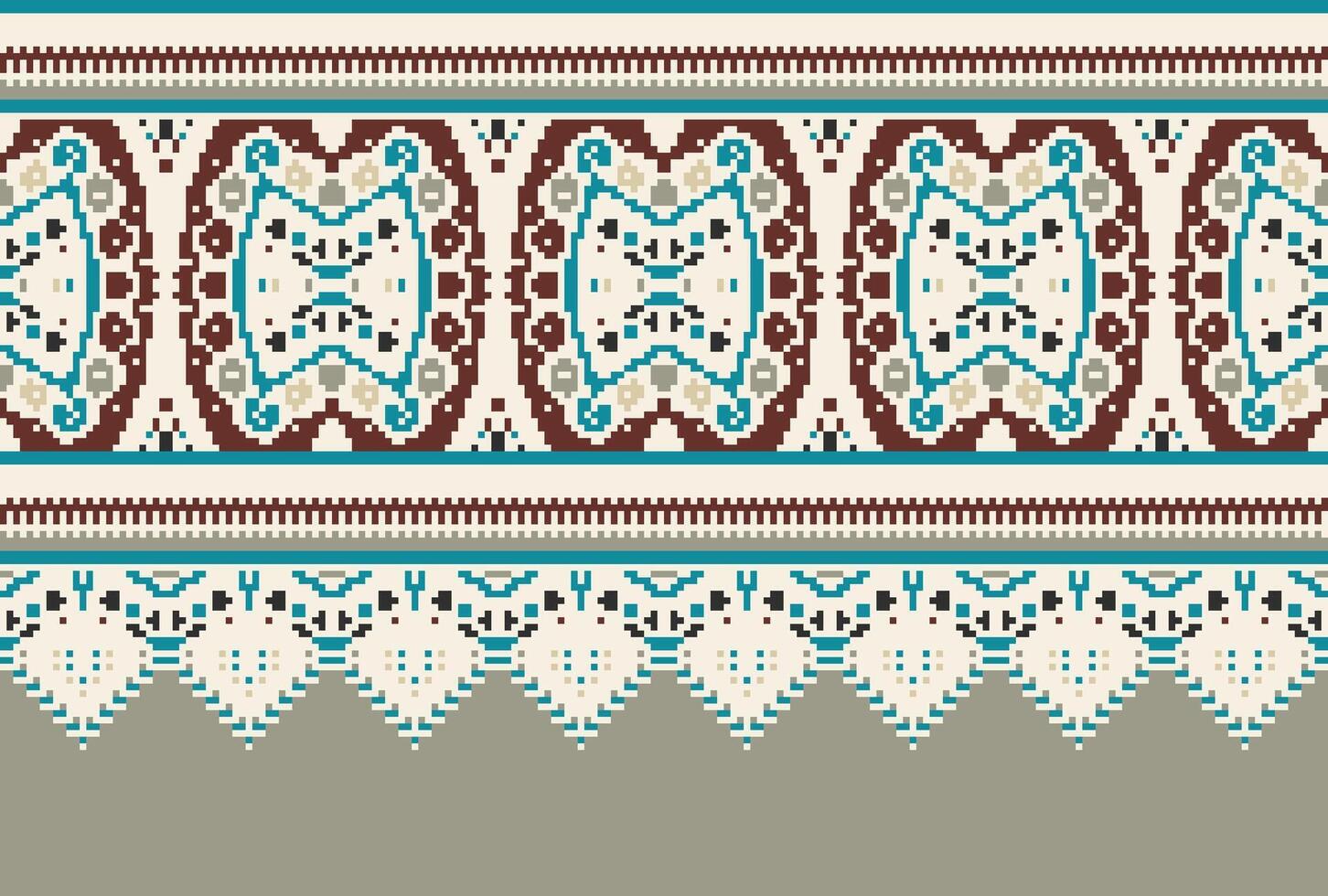 Pixel Cross Stitch pattern with Floral Designs. Traditional cross stitch needlework. Geometric Ethnic pattern, Embroidery, Textile ornamentation, fabric, Hand stitched pattern, Cultural stitching vector