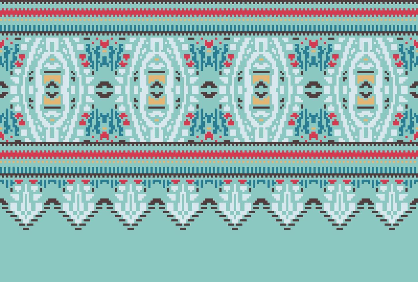 Cross Stitch pattern with Floral Designs. Traditional cross stitch needlework. Geometric Ethnic pattern, Embroidery, Textile ornamentation, fabric, Hand stitched pattern, Cultural stitching pixel art. vector