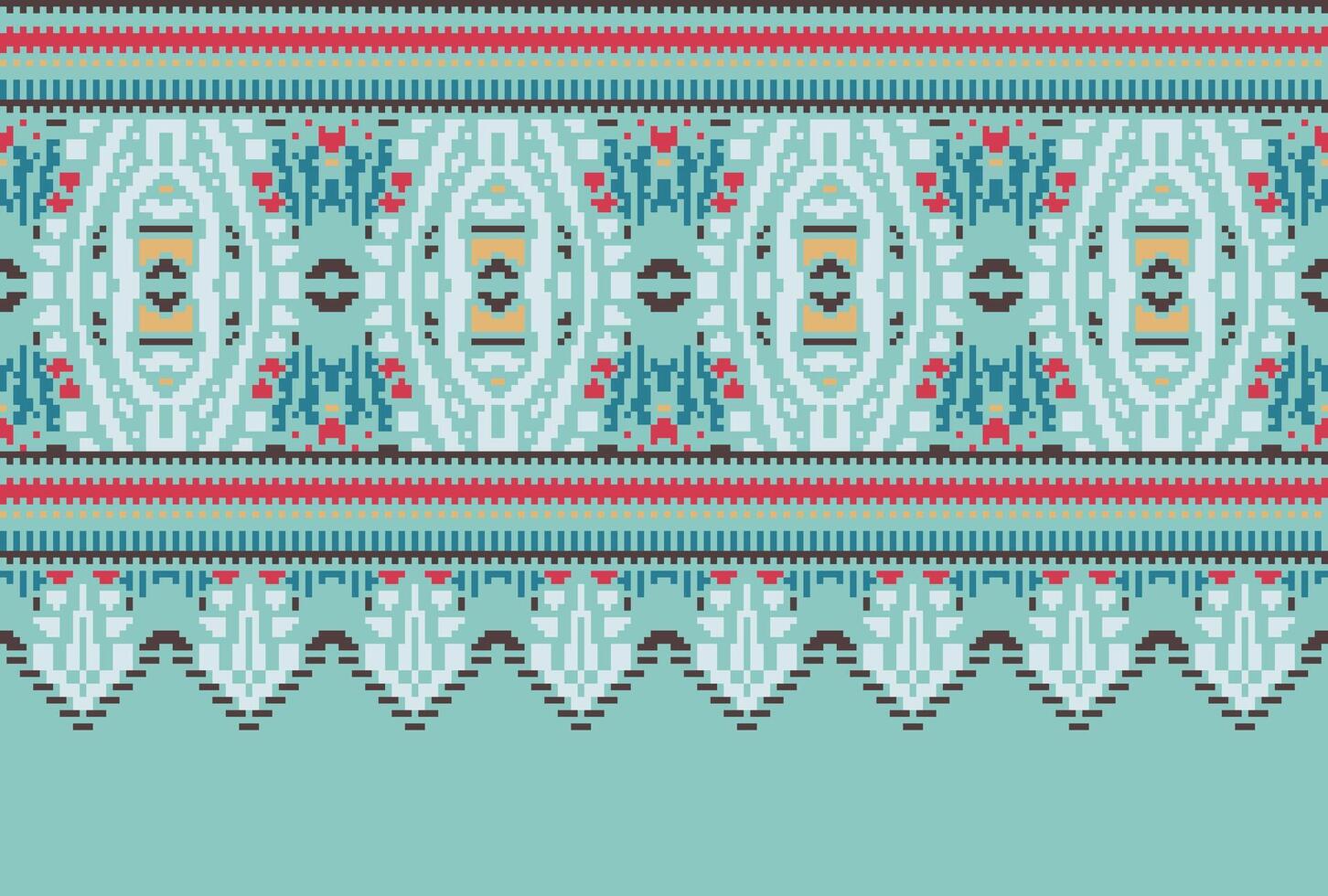 Cross Stitch pattern with Floral Designs. Traditional cross stitch needlework. Geometric Ethnic pattern, Embroidery, Textile ornamentation, fabric, Hand stitched pattern, Cultural stitching pixel art. vector