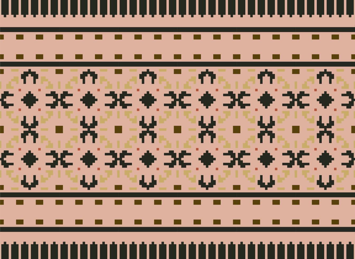 Pixel Cross Stitch Traditional Ethnic Pattern Paisley Flower Ikat Background Abstract Aztec African Indonesian Indian Seamless Pattern for Fabric Print Cloth Dress Carpet Curtains and Sarong vector