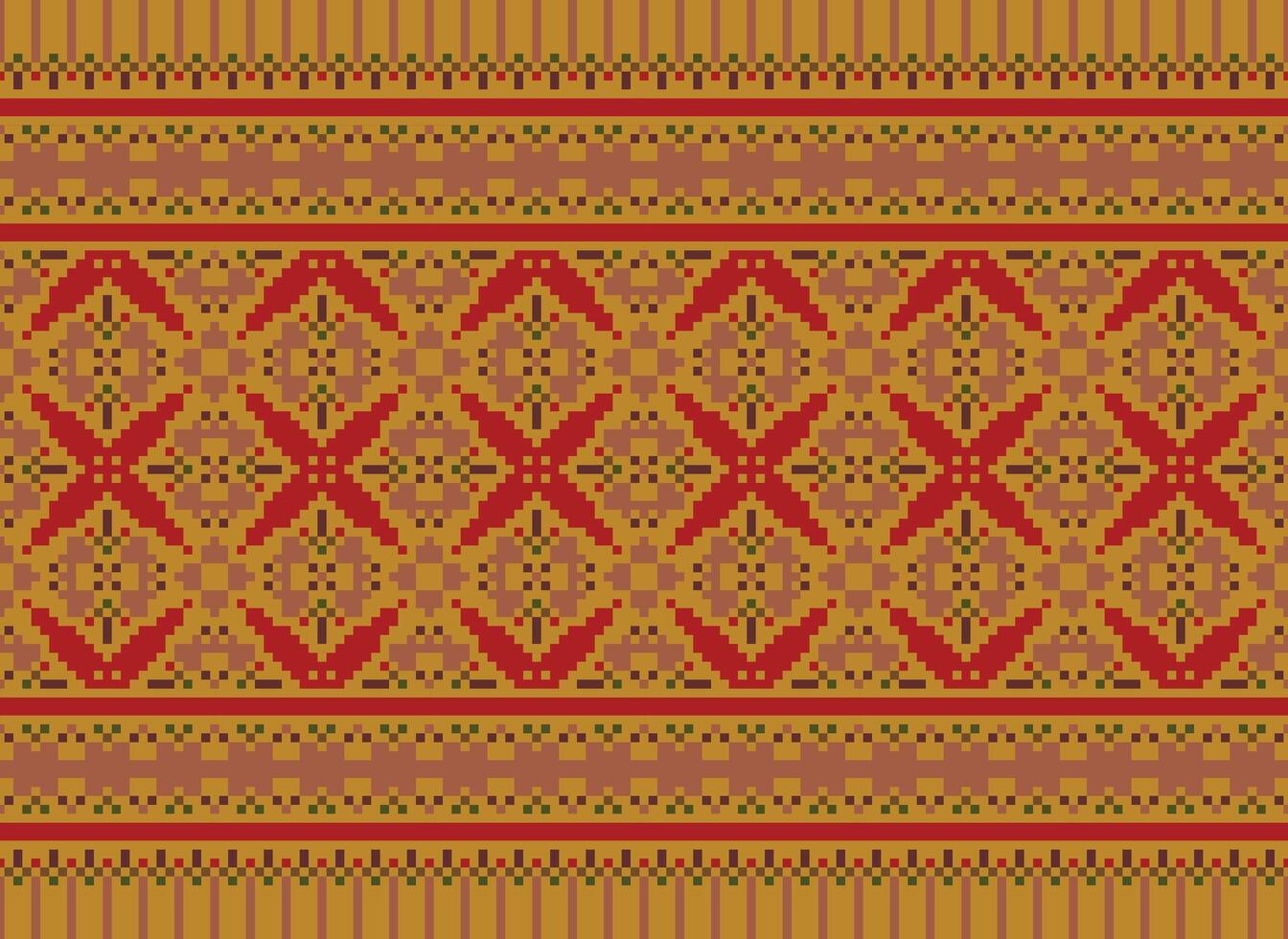 Pixel Cross Stitch Traditional Ethnic Pattern Paisley Flower Ikat Background Abstract Aztec African Indonesian Indian Seamless Pattern for Fabric Print Cloth Dress Carpet Curtains and Sarong vector