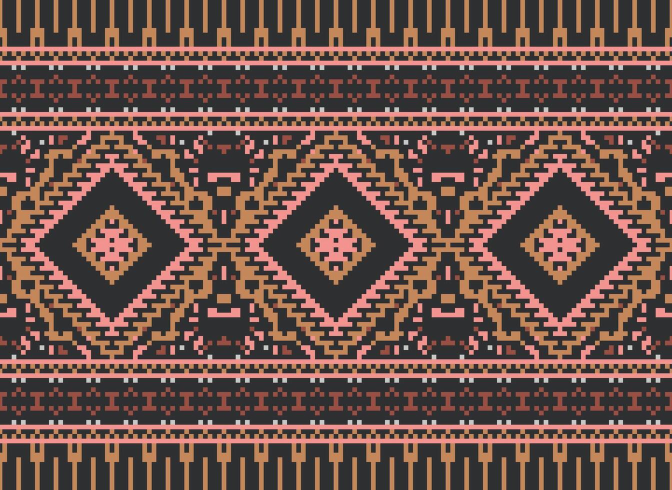 Pixel Cross Stitch Traditional Ethnic Pattern Paisley Flower Ikat Background Abstract Aztec African Indonesian Indian Seamless Pattern for Fabric Print Cloth Dress Carpet Curtains and Sarong vector