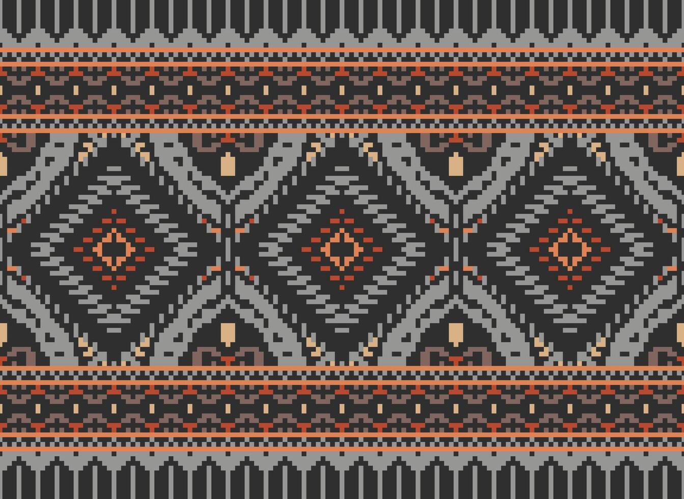 Pixel Cross Stitch Traditional Ethnic Pattern Paisley Flower Ikat Background Abstract Aztec African Indonesian Indian Seamless Pattern for Fabric Print Cloth Dress Carpet Curtains and Sarong vector