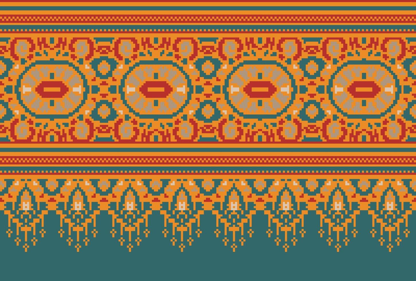Pixel Cross Stitch Traditional Ethnic Pattern Paisley Flower Ikat Background Abstract Aztec African Indonesian Indian Seamless Pattern for Fabric Print Cloth Dress Carpet Curtains and Sarong vector
