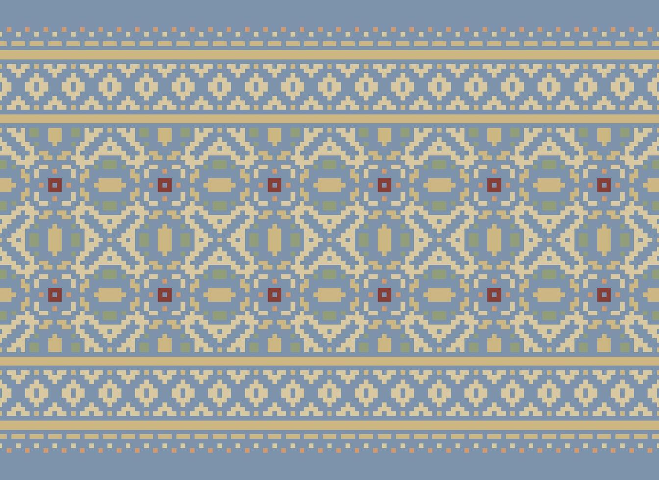 Pixel Cross Stitch Traditional Ethnic Pattern Paisley Flower Ikat Background Abstract Aztec African Indonesian Indian Seamless Pattern for Fabric Print Cloth Dress Carpet Curtains and Sarong vector