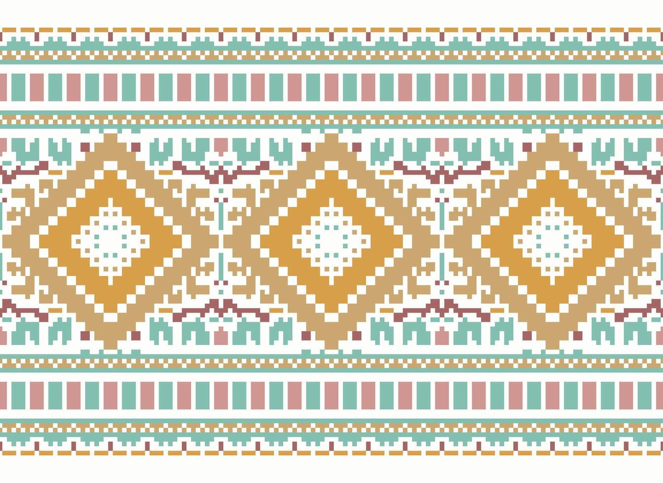 Pixel Cross Stitch Traditional Ethnic Pattern Paisley Flower Ikat Background Abstract Aztec African Indonesian Indian Seamless Pattern for Fabric Print Cloth Dress Carpet Curtains and Sarong vector