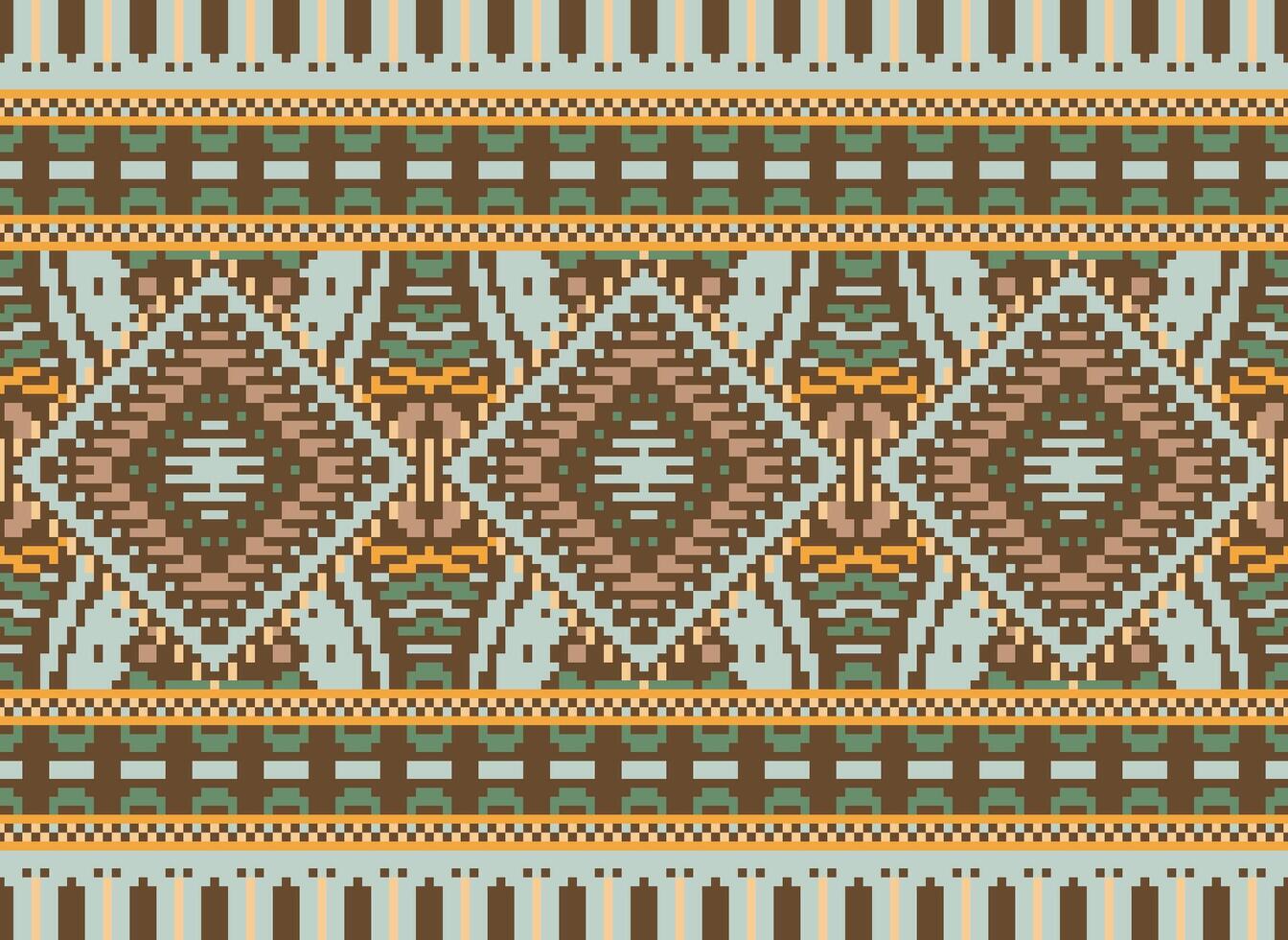 Pixel Cross Stitch Traditional Ethnic Pattern Paisley Flower Ikat Background Abstract Aztec African Indonesian Indian Seamless Pattern for Fabric Print Cloth Dress Carpet Curtains and Sarong vector