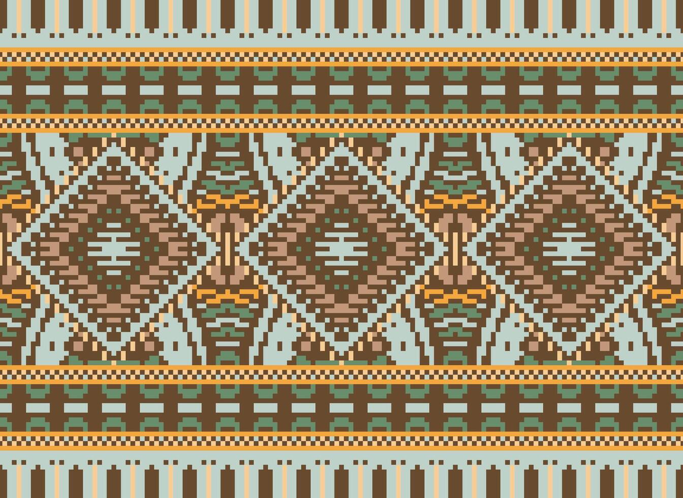 Pixel Cross Stitch Traditional Ethnic Pattern Paisley Flower Ikat Background Abstract Aztec African Indonesian Indian Seamless Pattern for Fabric Print Cloth Dress Carpet Curtains and Sarong vector