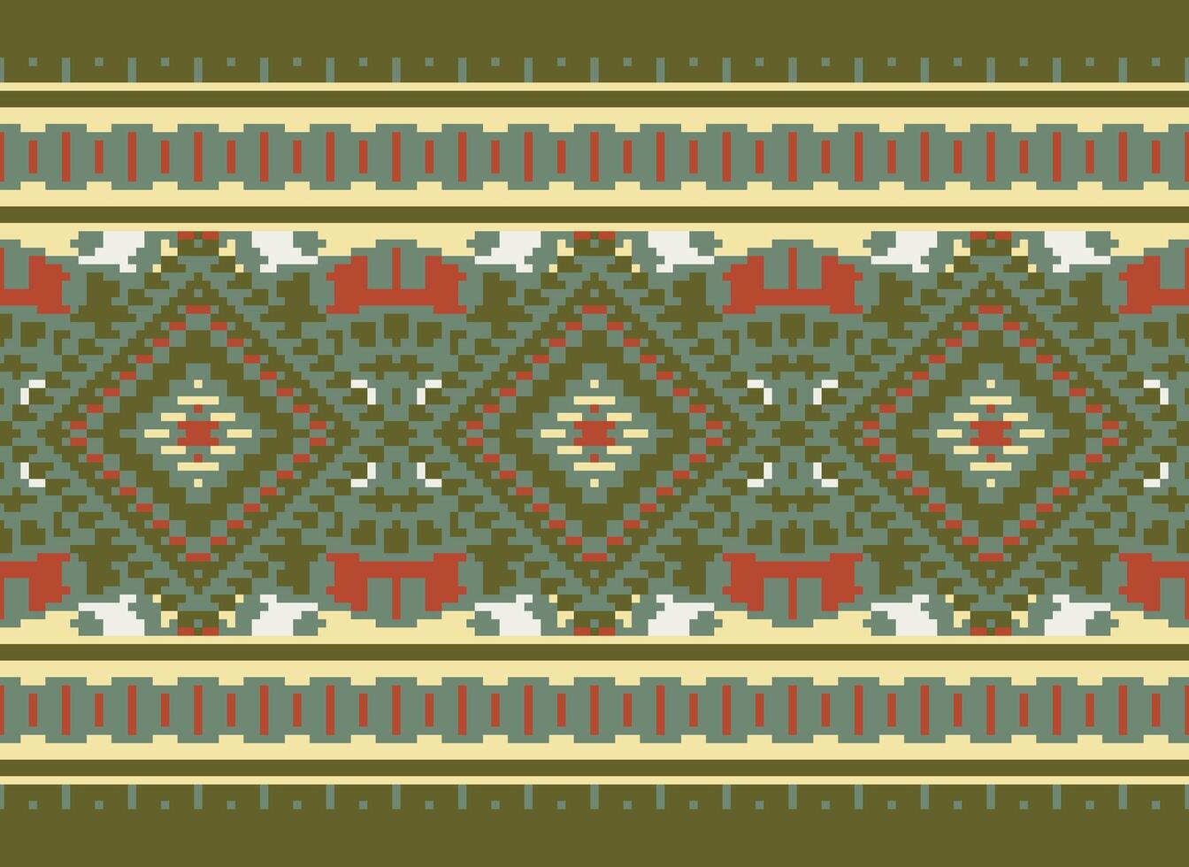 Pixel Cross Stitch Traditional Ethnic Pattern Paisley Flower Ikat Background Abstract Aztec African Indonesian Indian Seamless Pattern for Fabric Print Cloth Dress Carpet Curtains and Sarong vector