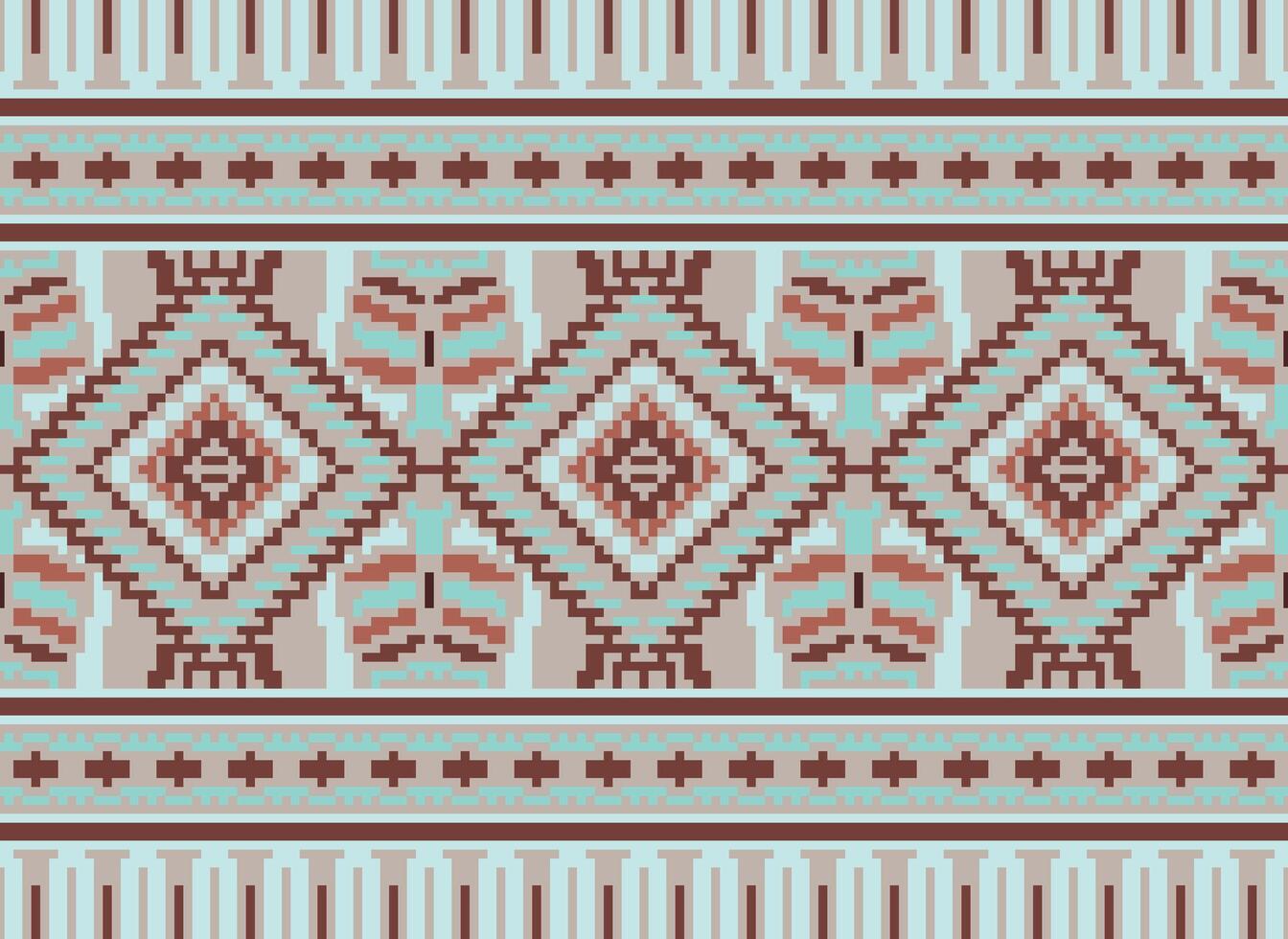 Pixel Cross Stitch Traditional Ethnic Pattern Paisley Flower Ikat Background Abstract Aztec African Indonesian Indian Seamless Pattern for Fabric Print Cloth Dress Carpet Curtains and Sarong vector