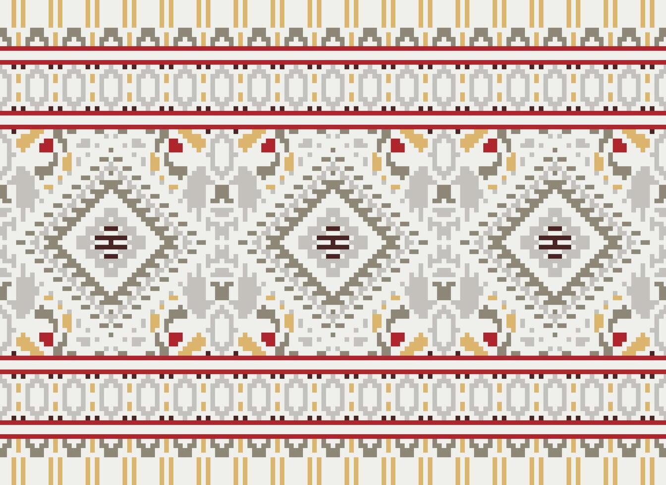 Pixel Cross Stitch Traditional Ethnic Pattern Paisley Flower Ikat Background Abstract Aztec African Indonesian Indian Seamless Pattern for Fabric Print Cloth Dress Carpet Curtains and Sarong vector