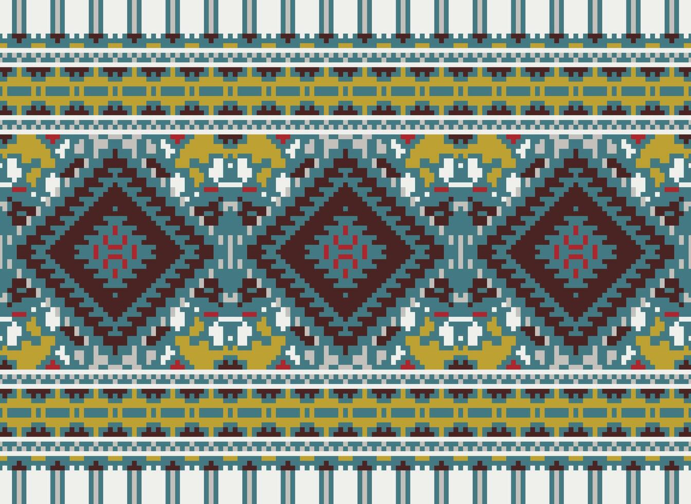 Pixel Cross Stitch Traditional Ethnic Pattern Paisley Flower Ikat Background Abstract Aztec African Indonesian Indian Seamless Pattern for Fabric Print Cloth Dress Carpet Curtains and Sarong vector