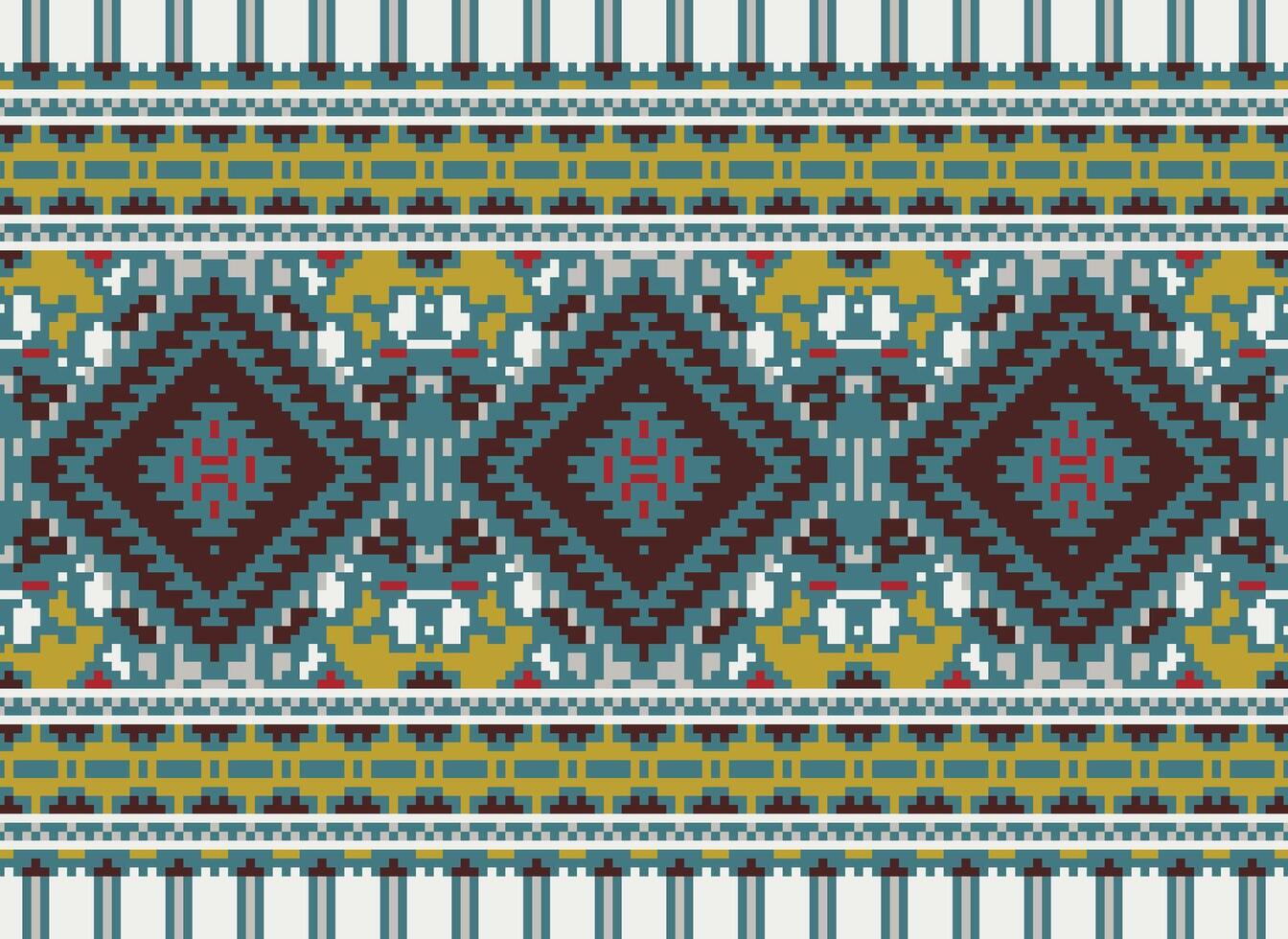 Pixel Cross Stitch Traditional Ethnic Pattern Paisley Flower Ikat Background Abstract Aztec African Indonesian Indian Seamless Pattern for Fabric Print Cloth Dress Carpet Curtains and Sarong vector