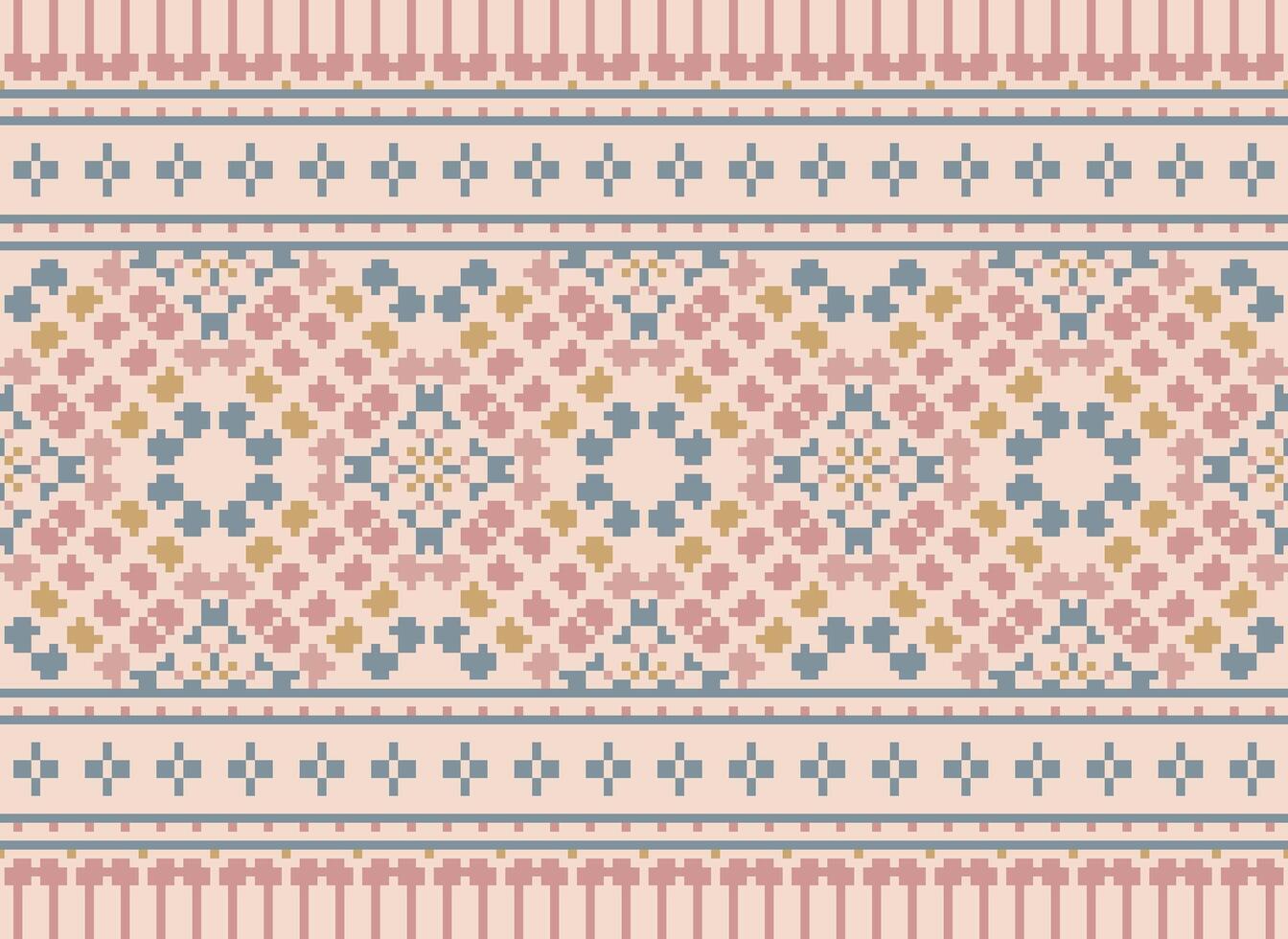Pixel Cross Stitch Traditional Ethnic Pattern Paisley Flower Ikat Background Abstract Aztec African Indonesian Indian Seamless Pattern for Fabric Print Cloth Dress Carpet Curtains and Sarong vector
