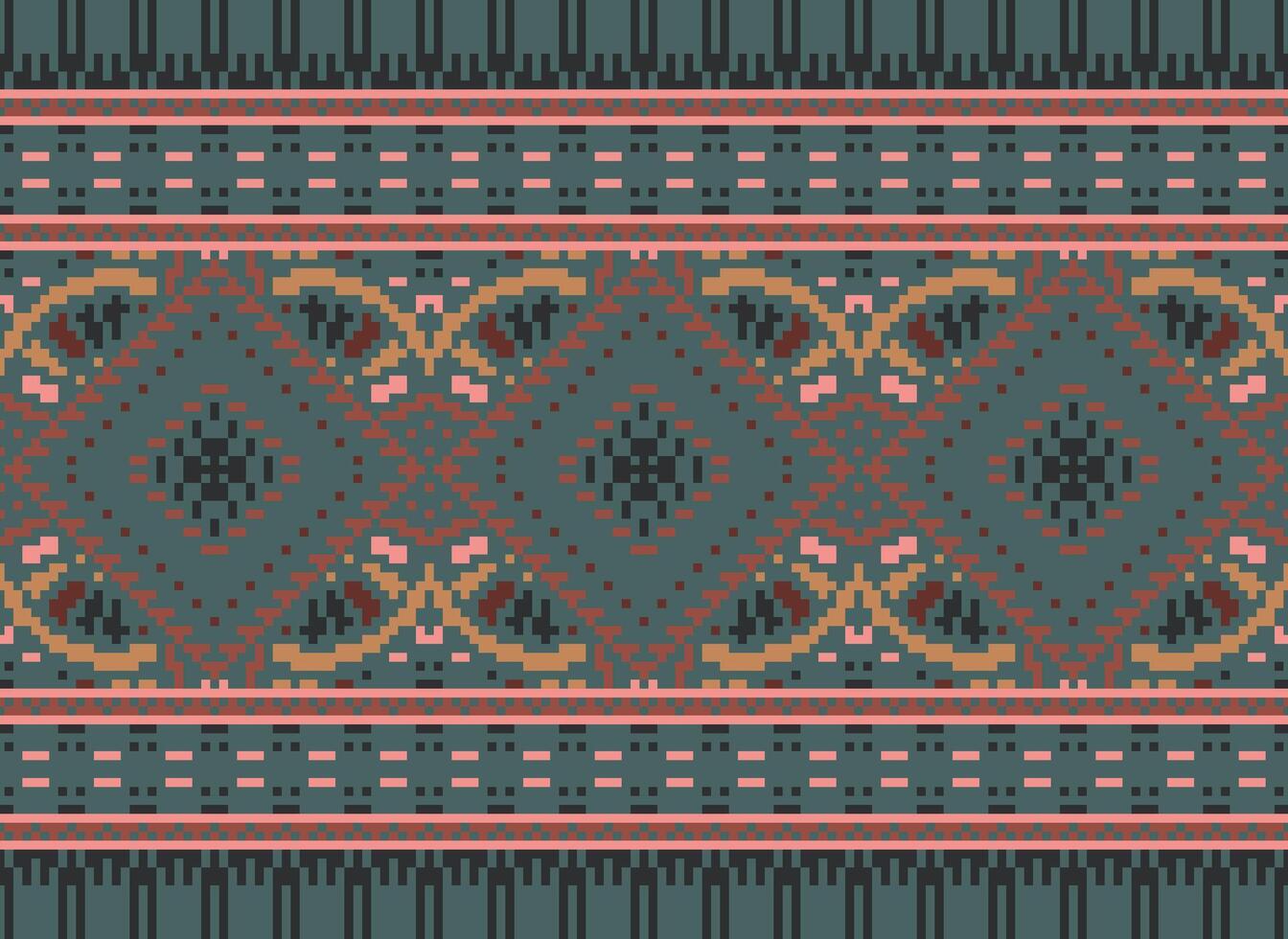 Pixel Cross Stitch Traditional Ethnic Pattern Paisley Flower Ikat Background Abstract Aztec African Indonesian Indian Seamless Pattern for Fabric Print Cloth Dress Carpet Curtains and Sarong vector