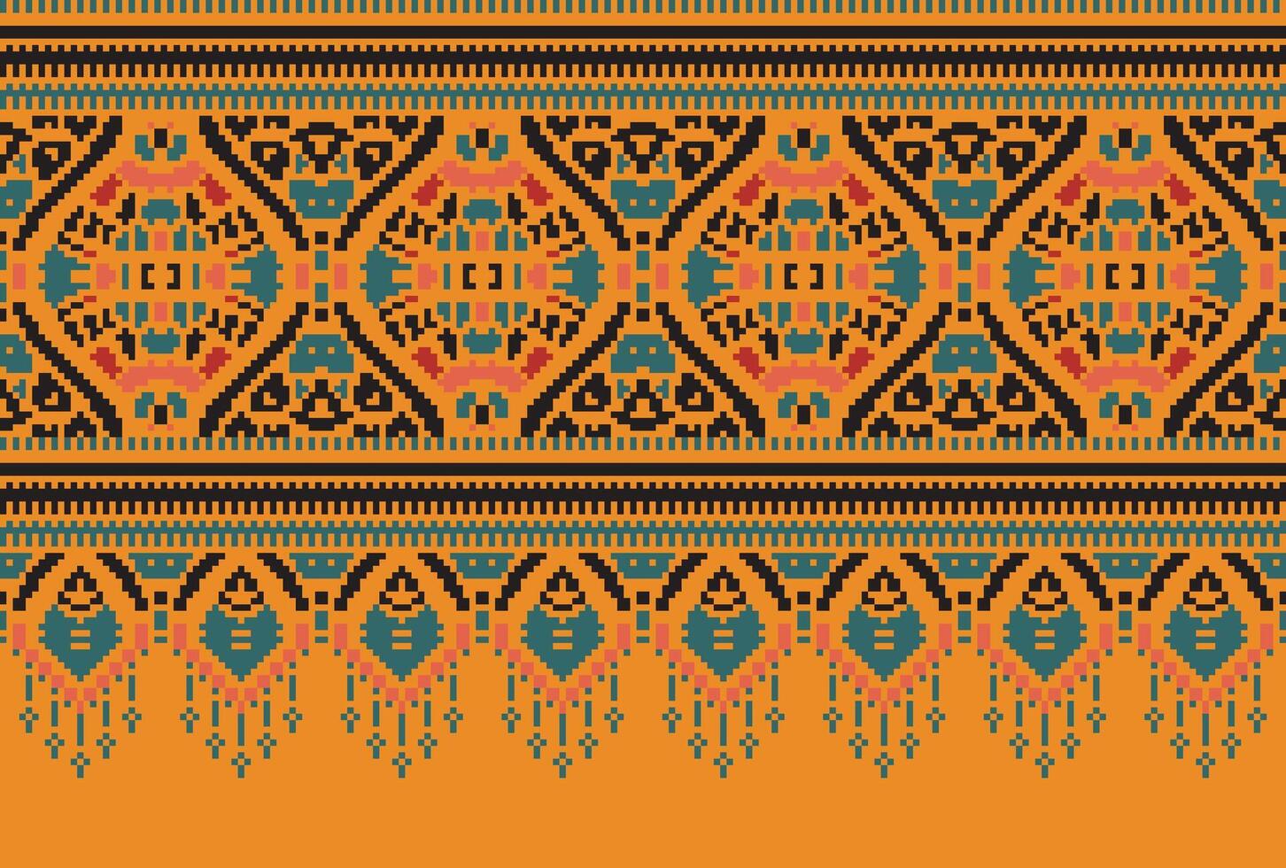 Pixel Cross Stitch Traditional Ethnic Pattern Paisley Flower Ikat Background Abstract Aztec African Indonesian Indian Seamless Pattern for Fabric Print Cloth Dress Carpet Curtains and Sarong vector