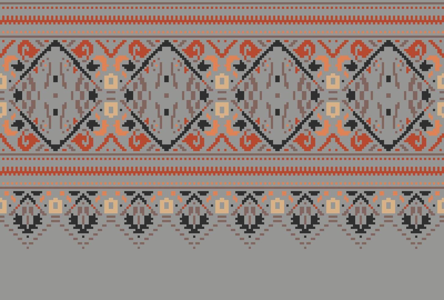 Pixel Cross Stitch pattern with Floral Designs. Traditional cross stitch needlework. Geometric Ethnic pattern, Embroidery, Textile ornamentation, fabric, Hand stitched pattern, Cultural stitching vector