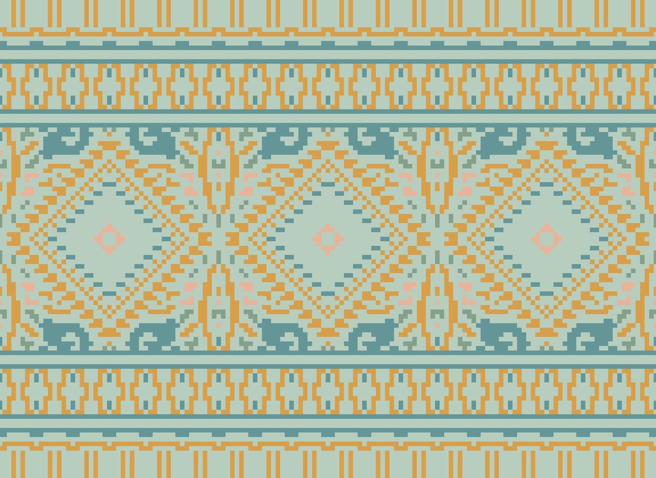 Pixel Cross Stitch Traditional Ethnic Pattern Paisley Flower Ikat Background Abstract Aztec African Indonesian Indian Seamless Pattern for Fabric Print Cloth Dress Carpet Curtains and Sarong vector