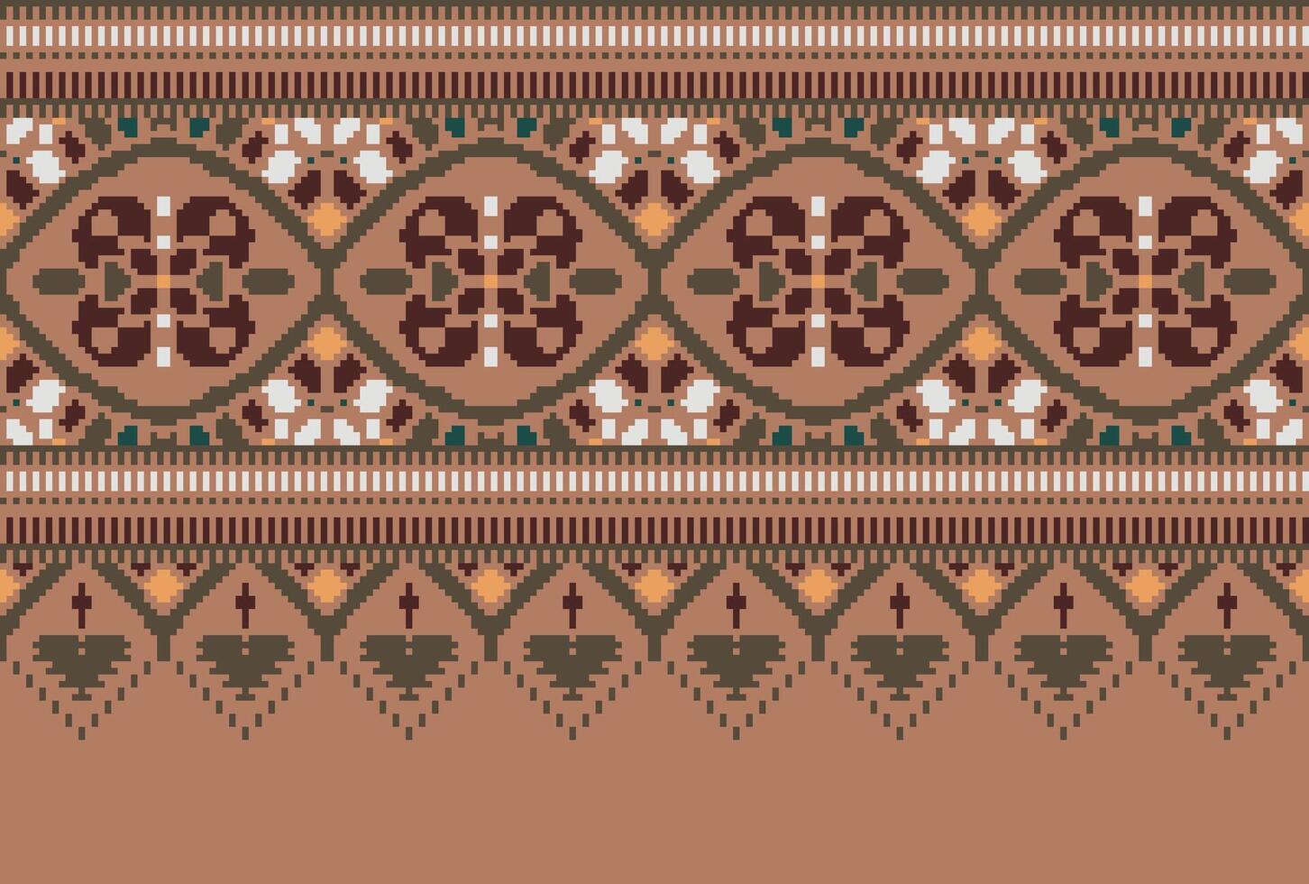 Pixel Cross Stitch pattern with Floral Designs. Traditional cross stitch needlework. Geometric Ethnic pattern, Embroidery, Textile ornamentation, fabric, Hand stitched pattern, Cultural stitching vector