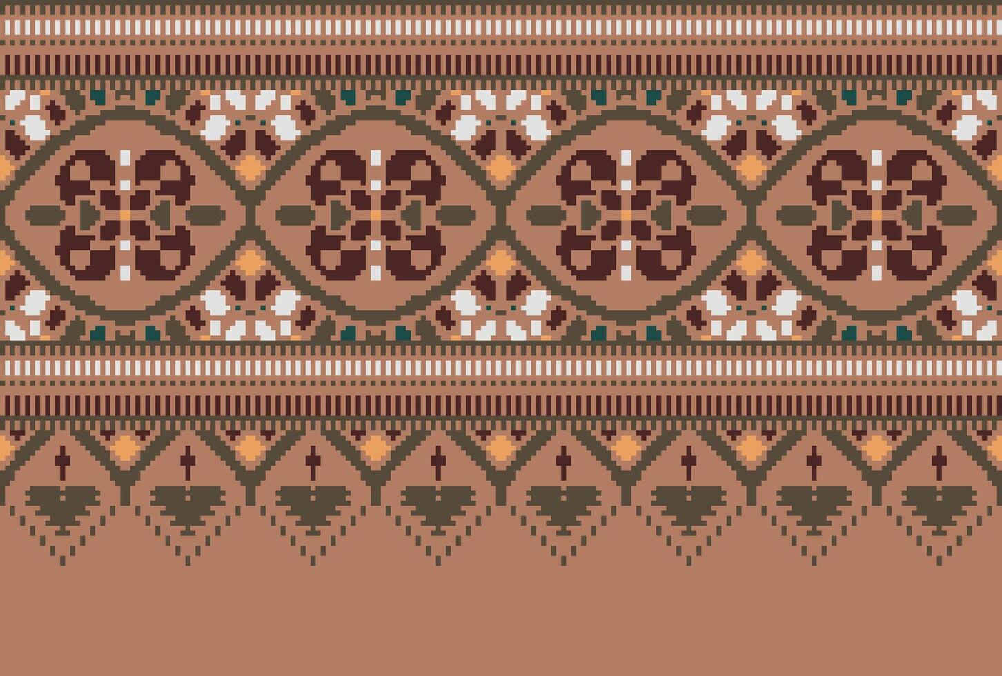 Pixel Cross Stitch pattern with Floral Designs. Traditional cross stitch needlework. Geometric Ethnic pattern, Embroidery, Textile ornamentation, fabric, Hand stitched pattern, Cultural stitching vector