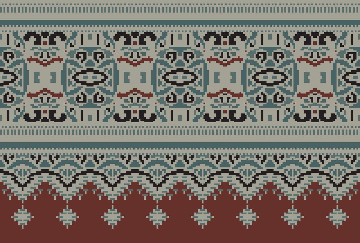 Pixel Cross Stitch Traditional Ethnic Pattern Paisley Flower Ikat Background Abstract Aztec African Indonesian Indian Seamless Pattern for Fabric Print Cloth Dress Carpet Curtains and Sarong vector