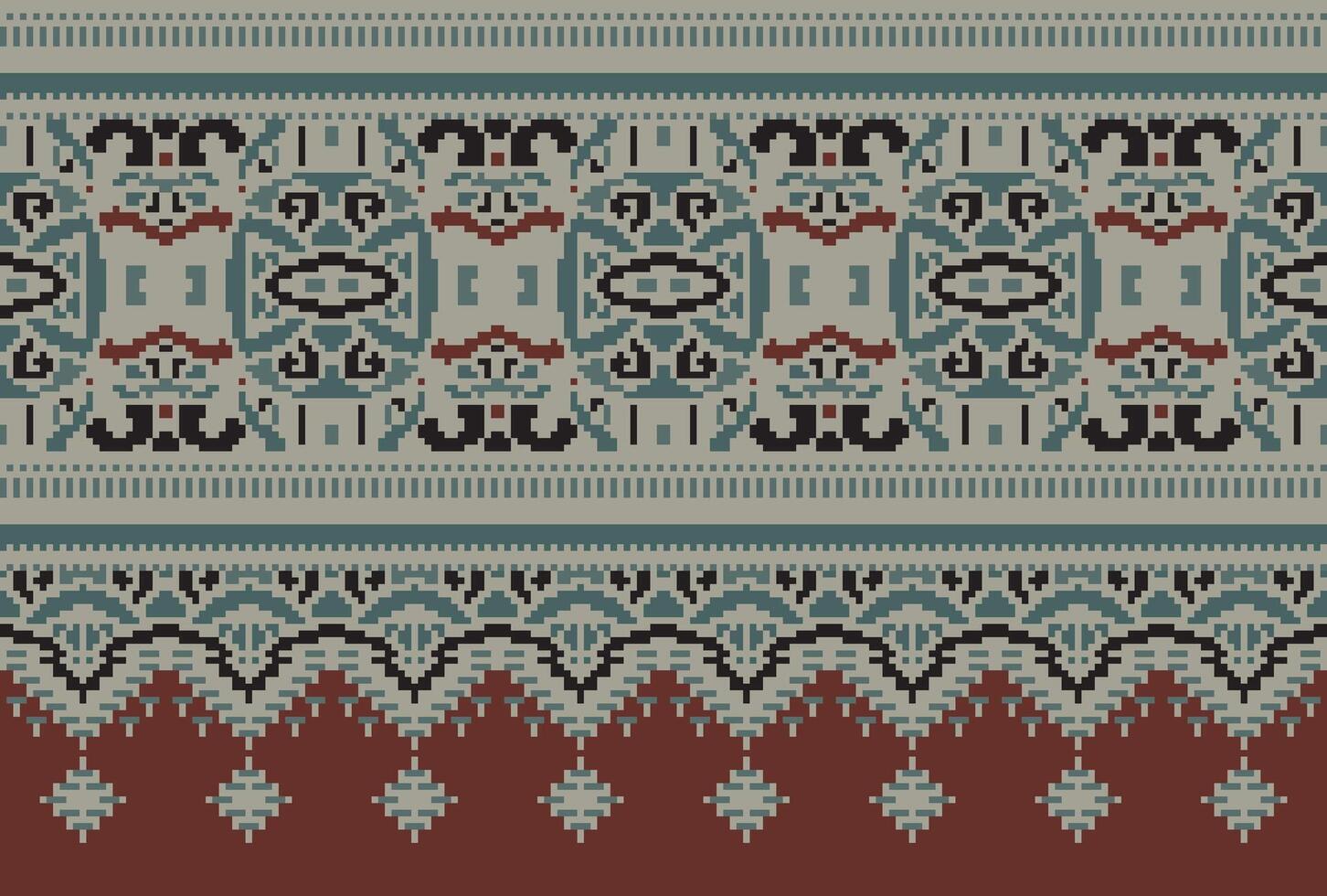 Pixel Cross Stitch Traditional Ethnic Pattern Paisley Flower Ikat Background Abstract Aztec African Indonesian Indian Seamless Pattern for Fabric Print Cloth Dress Carpet Curtains and Sarong vector