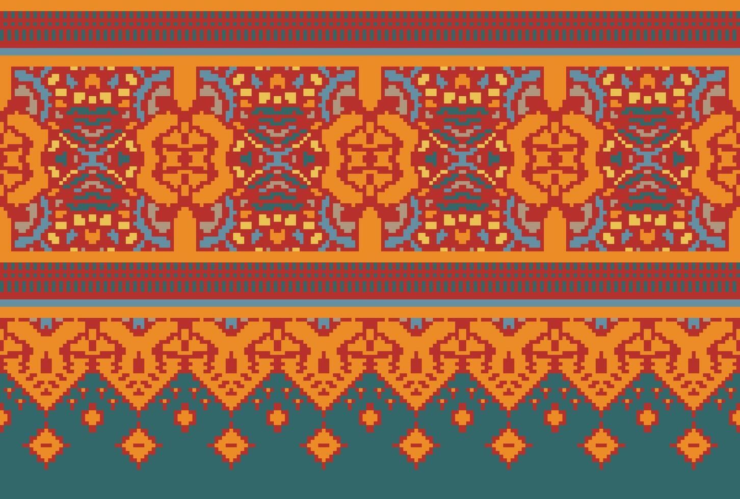 Pixel Cross Stitch Traditional Ethnic Pattern Paisley Flower Ikat Background Abstract Aztec African Indonesian Indian Seamless Pattern for Fabric Print Cloth Dress Carpet Curtains and Sarong vector