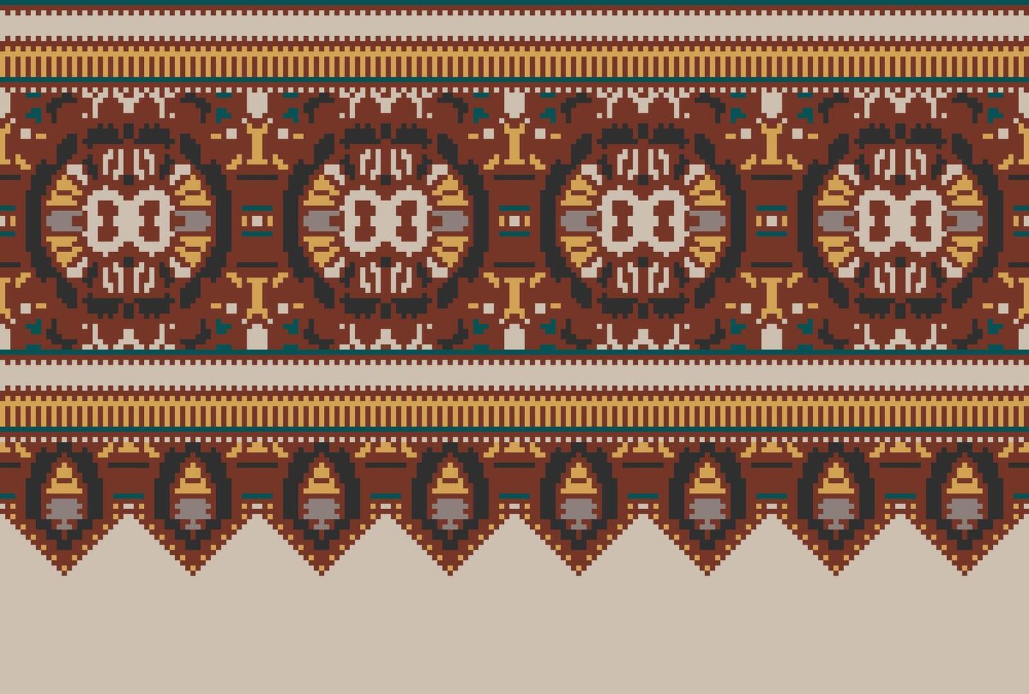 Pixel Cross Stitch pattern with Floral Designs. Traditional cross stitch needlework. Geometric Ethnic pattern, Embroidery, Textile ornamentation, fabric, Hand stitched pattern, Cultural stitching vector