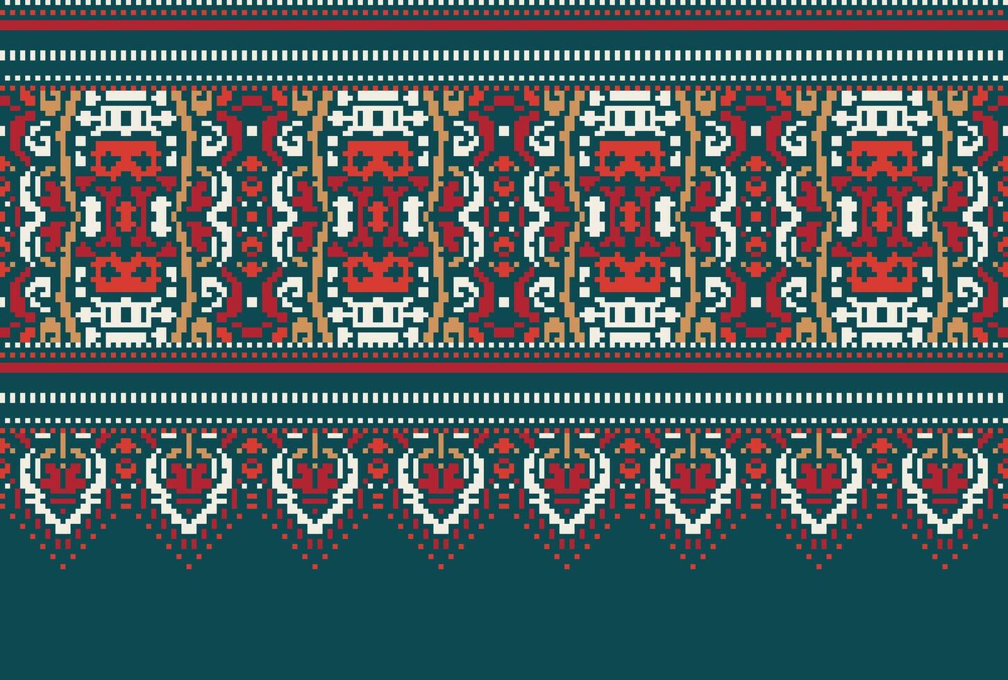 Pixel Cross Stitch Traditional Ethnic Pattern Paisley Flower Ikat Background Abstract Aztec African Indonesian Indian Seamless Pattern for Fabric Print Cloth Dress Carpet Curtains and Sarong vector
