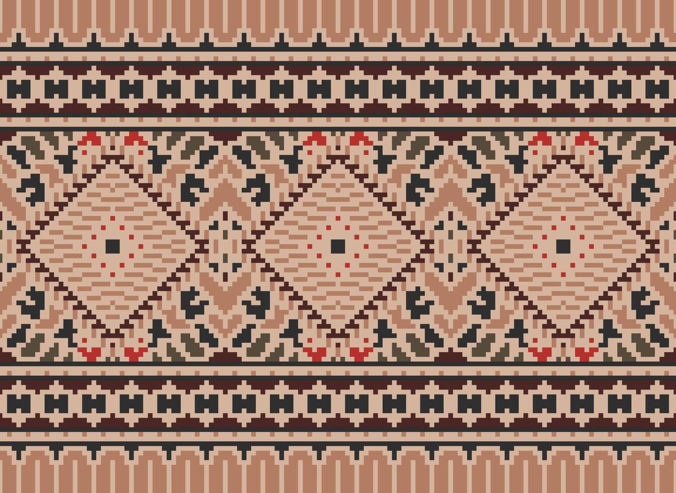 Pixel Cross Stitch Traditional Ethnic Pattern Paisley Flower Ikat Background Abstract Aztec African Indonesian Indian Seamless Pattern for Fabric Print Cloth Dress Carpet Curtains and Sarong vector