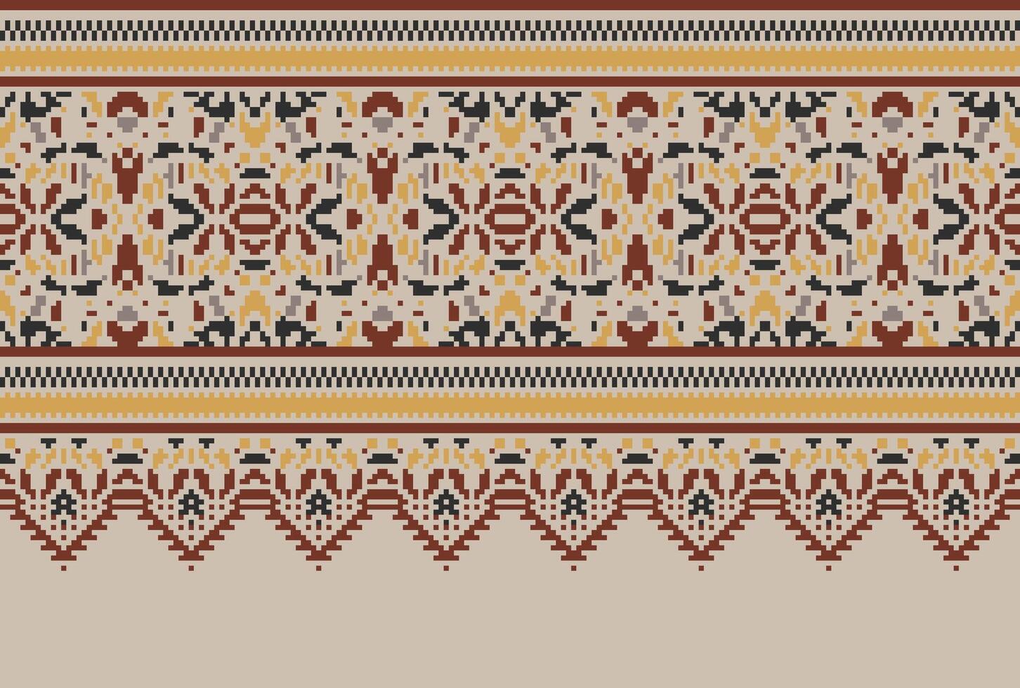 Pixel Cross Stitch pattern with Floral Designs. Traditional cross stitch needlework. Geometric Ethnic pattern, Embroidery, Textile ornamentation, fabric, Hand stitched pattern, Cultural stitching vector