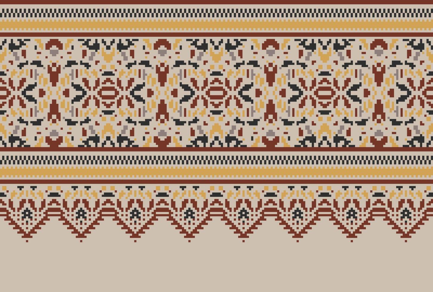 Pixel Cross Stitch pattern with Floral Designs. Traditional cross stitch needlework. Geometric Ethnic pattern, Embroidery, Textile ornamentation, fabric, Hand stitched pattern, Cultural stitching vector