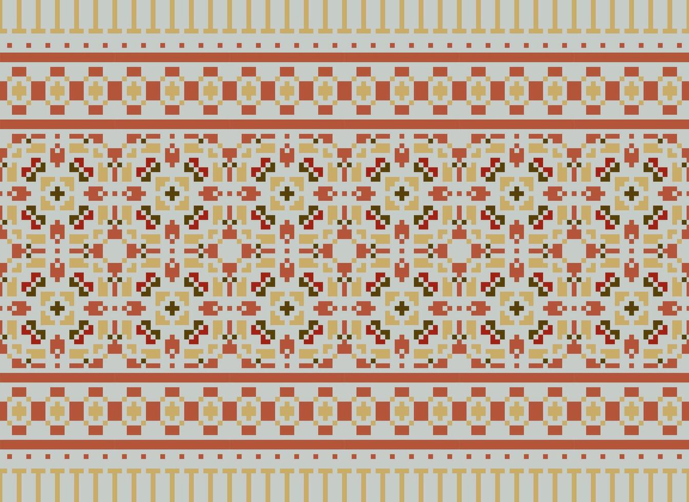 Pixel Cross Stitch pattern with Floral Designs. Traditional cross stitch needlework. Geometric Ethnic pattern, Embroidery, Textile ornamentation, fabric, Hand stitched pattern, Cultural stitching vector
