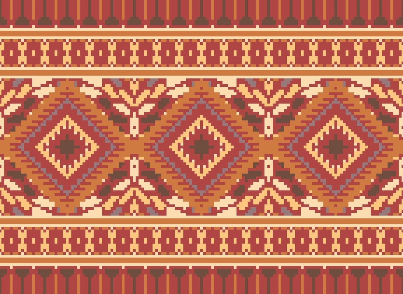 Pixel Cross Stitch Traditional Ethnic Pattern Paisley Flower Ikat Background Abstract Aztec African Indonesian Indian Seamless Pattern for Fabric Print Cloth Dress Carpet Curtains and Sarong vector