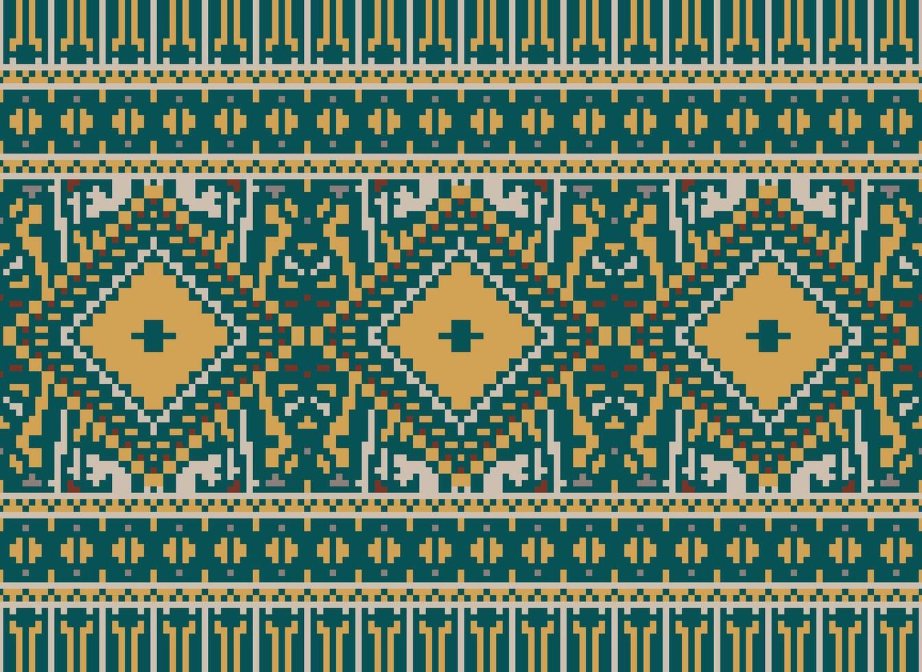 Pixel Cross Stitch Traditional Ethnic Pattern Paisley Flower Ikat Background Abstract Aztec African Indonesian Indian Seamless Pattern for Fabric Print Cloth Dress Carpet Curtains and Sarong vector