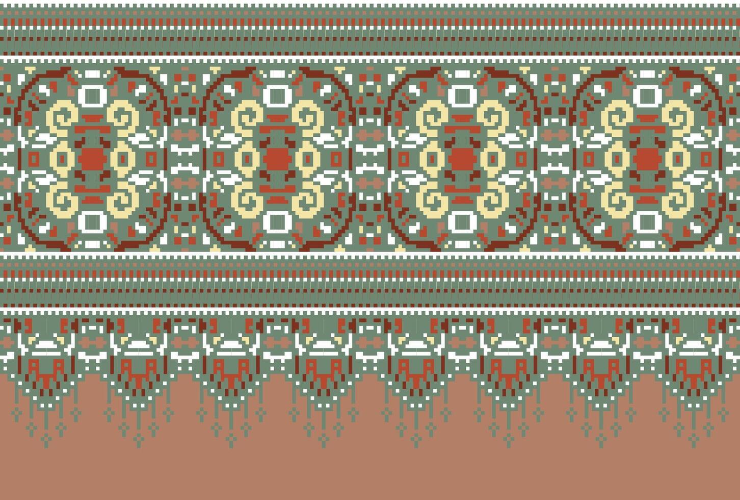 Pixel Cross Stitch Traditional Ethnic Pattern Paisley Flower Ikat Background Abstract Aztec African Indonesian Indian Seamless Pattern for Fabric Print Cloth Dress Carpet Curtains and Sarong vector