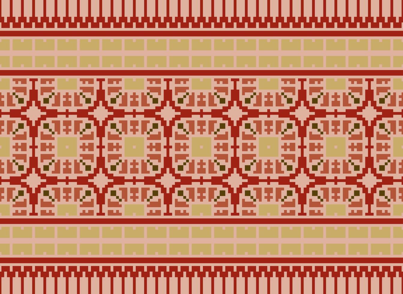 Pixel Cross Stitch Traditional Ethnic Pattern Paisley Flower Ikat Background Abstract Aztec African Indonesian Indian Seamless Pattern for Fabric Print Cloth Dress Carpet Curtains and Sarong vector